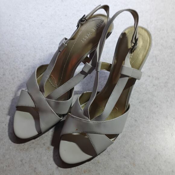 Nine West Bellonao Leather Slingback Heels Sz 10.5 Neutral Minimalist Classic - Picture 8 of 8